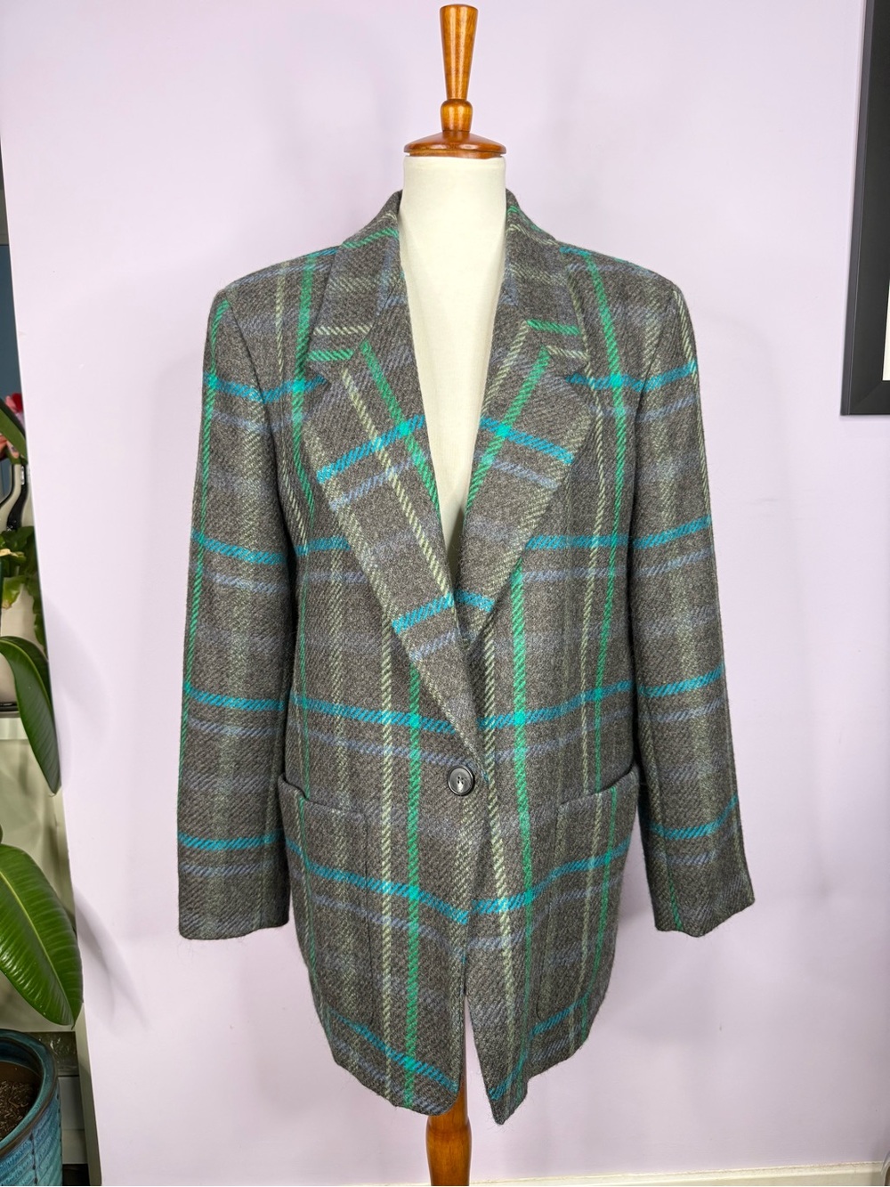 Liz Claiborne Vintage 80's Grey, Blue, & Green Plaid Wool Jacket